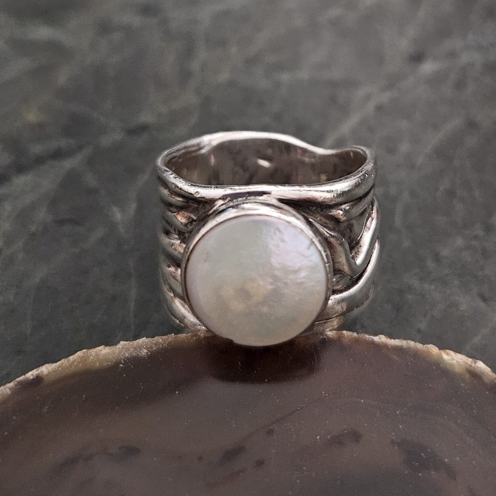 Silpada .925 Sterling Silver, Coin Pearl Woven Ring Size 7